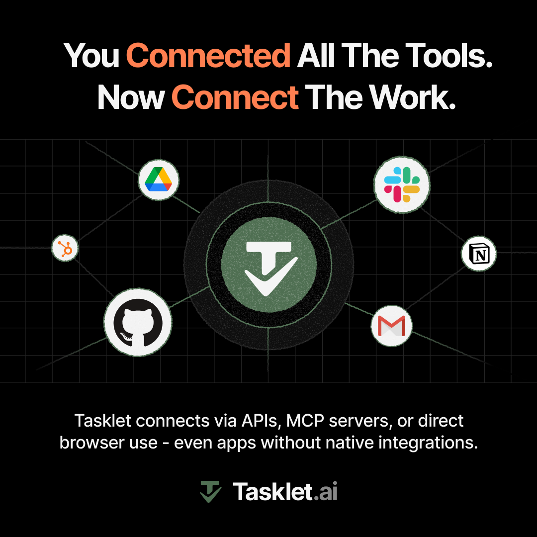 Tasklet works through APIs, MCP, browser use, and native int
